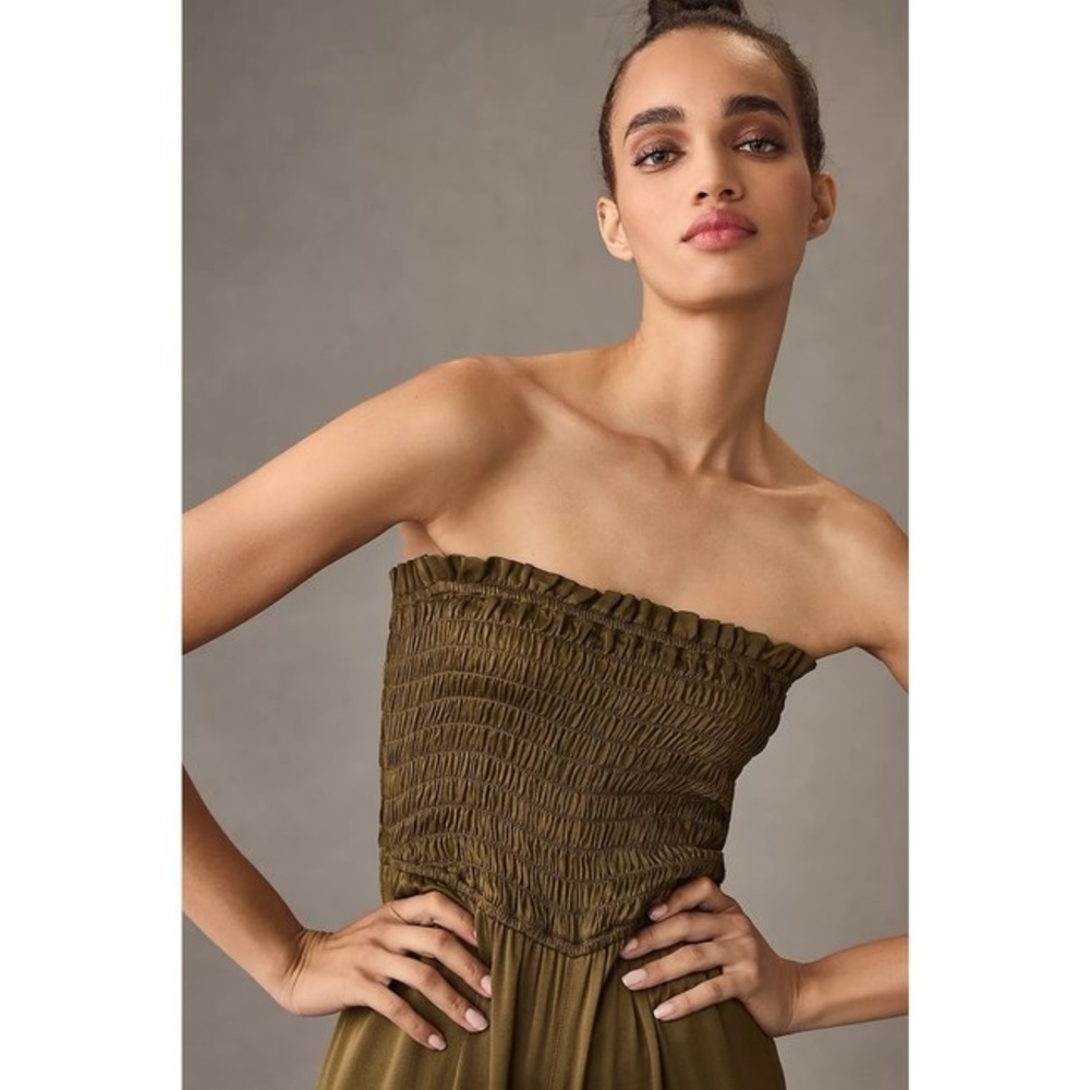 Pilcro Olive Green Smocked Bodice Wide-Leg Jumpsuit - Picture 3 of 5